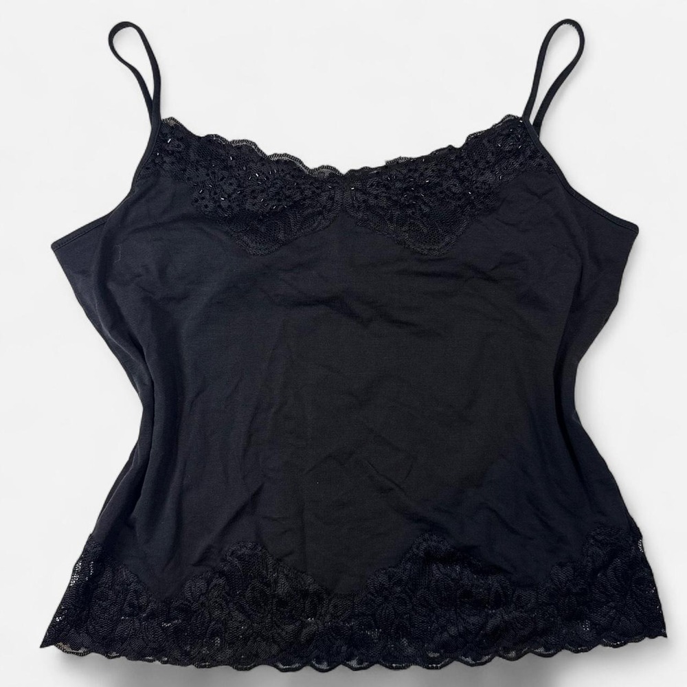 WD-NY Black Silk Blend Lace Trim Beaded Camisole Tank Top XL Whimsygoth Y2K